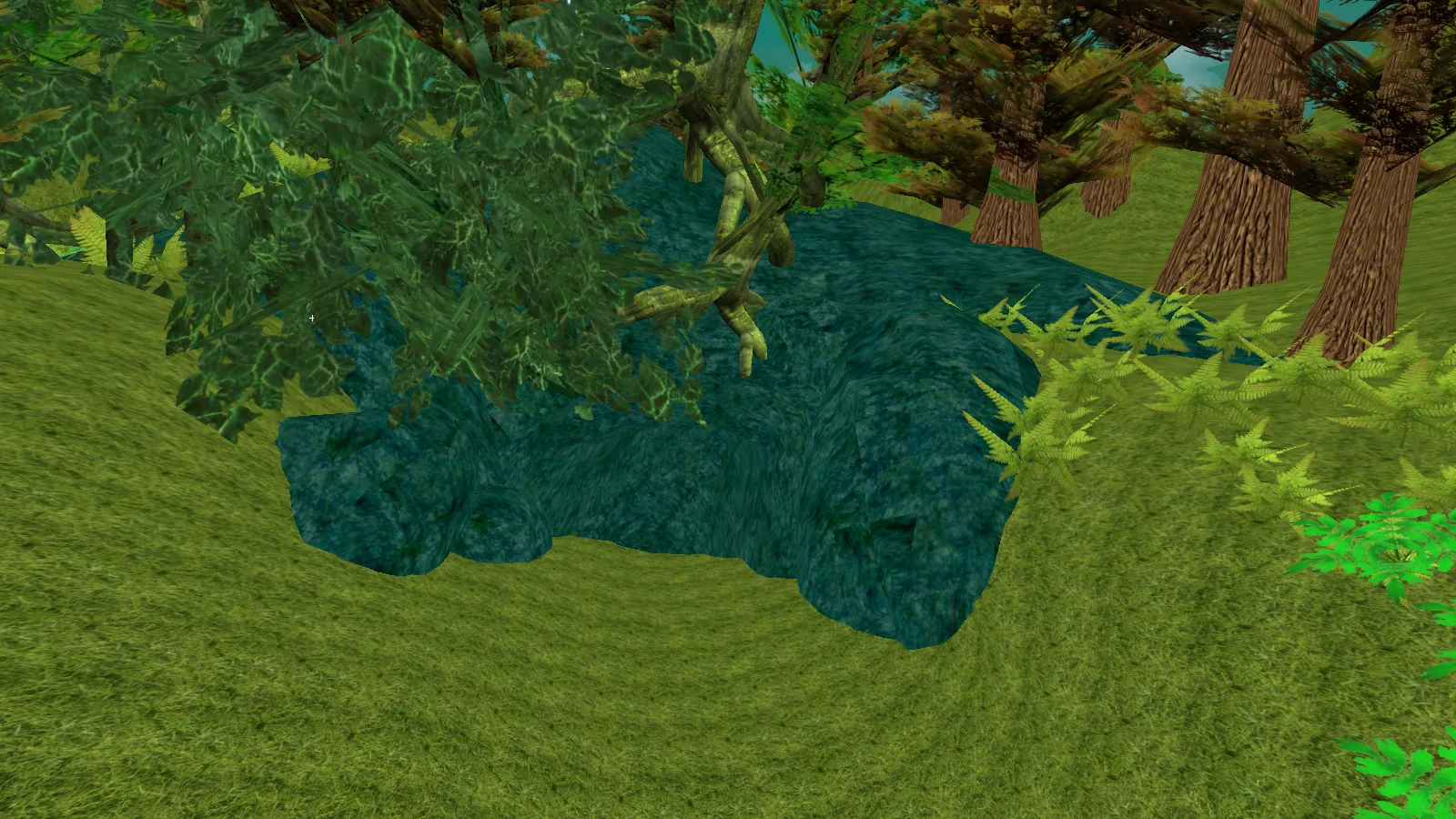 spawn between rocks with grassy valley.